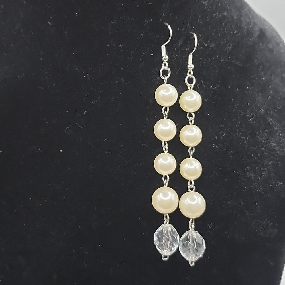 Handmade Estereal Cascades faux pearl w clear bead drop dangle earrings